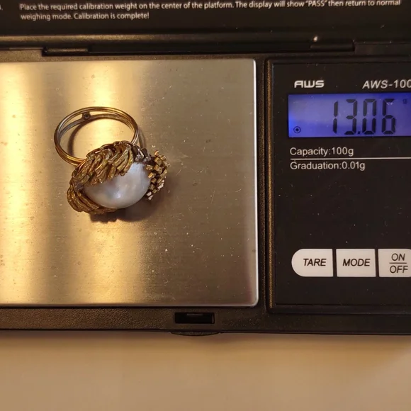 Mabe pearl 18kt Yellow Gold Ring, diamonds, estate Ring vintage - Picture 15 of 16